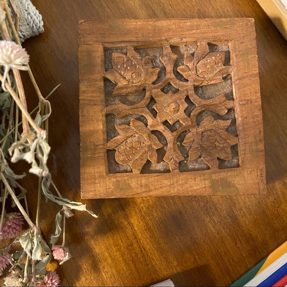 Vintage Hand Carved Wood Trinket Box